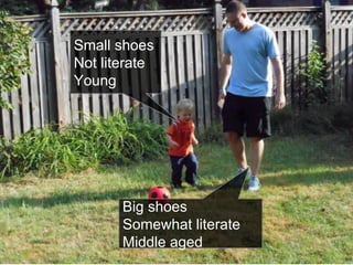 Small shoes
Not literate
Young
Big shoes
Somewhat literate
Middle aged
 
