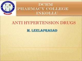 DCRM
PHARMACY COLLEGE
INKOLLU
ANTI HYPERTENSION DRUGS
1
 