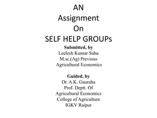 AN
Assignment
On
SELF HELP GROUPs
Submitted, by
Leelesh Kumar Sahu
M.sc.(Ag) Previous
Agricultural Economics
Guided, by
Dr. A.K. Gauraha
Prof. Deptt. Of
Agricultural Economics
College of Agriculture
IGKV Raipur
 