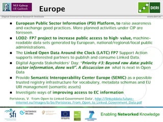 Europe
Digital Enterprise Research Institute                                                    www.deri.ie


           European Public Sector Information (PSI) Platform, to raise awareness
            and exchange good practices. More planned activities under CIP are
            foreseen.
           LOD2- FP7 project to increase public access to high- value, machine-
            readable data sets generated by European, national/regional/local public
            administrations.
           The Linked Open Data Around the Clock (LATC) FP7 Support Action
            supports interested partners to publish and consume Linked Data.
           Digital Agenda Stakeholders’ Day: “Priority #3: Beyond raw data: public
            sector information, done well”. A discussion on what is next in Open
            Data
           Provide Semantic Interoperability Center Europe (SEMIC) as a possible
            trusted registry infrastructure for vocabulary, metadata schemas and EU
            URI management (semantic assets)
           Investigate ways of improving access to EC information
       Peristeras, V. ‘From Open to Linked Government Data’, http://linkeddata.future-
           internet.eu/images/b/be/Peristeras_From_Open_to_Linked_Government_Data.pdf


                                                             Enabling Networked Knowledge
 