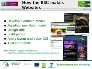 How the BBC makes
                                Websites
Digital Enterprise Research Institute                                            www.deri.ie




         Develop a domain model
         Populate your data model
         Design URIs
         Build pages
         Apply layout and decor CSS
         Test and iterate

     Mike Atherton, ‘Beyond the Polar Bear’
        http://www.slideshare.net/reduxd/beyond-the-polar-bear




                                                           Enabling Networked Knowledge
 