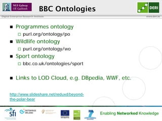 BBC Ontologies
Digital Enterprise Research Institute                                   www.deri.ie




           Programmes ontology
                 purl.org/ontology/po
           Wildlife ontology
                 purl.org/ontology/wo
           Sport ontology
                 bbc.co.uk/ontologies/sport


           Links to LOD Cloud, e.g. DBpedia, WWF, etc.

       http://www.slideshare.net/reduxd/beyond-
       the-polar-bear


                                                  Enabling Networked Knowledge
 
