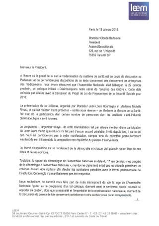 Leem 13 10-2015 lettre à claude bartolone Pt assemblée nationale 