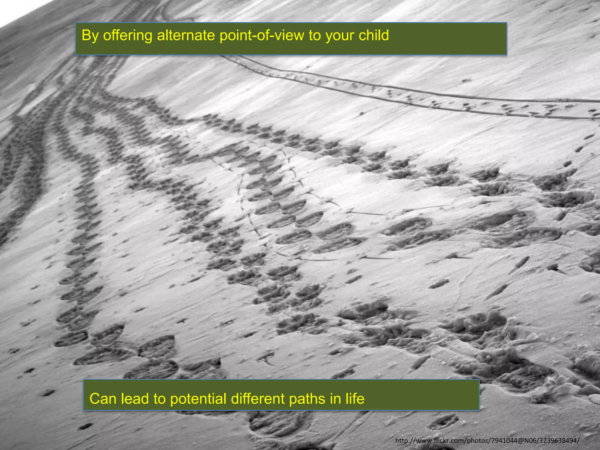 http://www.flickr.com/photos/7941044@N06/3239638494/
By offering alternate point-of-view to your child
Can lead to potential different paths in life
 