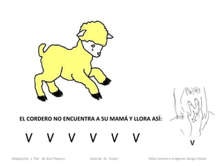 EL CORDERO NO ENCUENTRA A SU MAMÁ Y LLORA ASÍ:


       V            V              V   V           V       V
Adaptación y Ppt de Ana Piquero.       Aula de AL Cayón.       (Idea Lamela e Imágenes Sergio Palao)
 