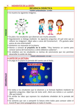 V. MOMENTOS DE LA SESIÓN
MO
N, SECUENCIA DIDÁCTICA
INICIO
TIEMPO APROXIMADO : 10 MIN
Se muestra las siguientes imágenes.
Se pide a los estudiantes que observen con mucha atención.
Seguidamente se dialoga mediante las siguientes preguntas: ¿A qué crees que se
refieren las imágenes?, ¿Qué sabes a cerca del Coronavirus?, ¿Te gustaría saber
acerca de esta enfermedad?
Anotamos sus respuestas en la pizarra.
Damos a conocer el propósito de la sesión: “Hoy leeremos un cuento para
conocer acerca del Coronavirus y cómo debemos cuidarnos”.
Se establece con los estudiantes as normas de convivencia que nos permitan
desarrollar la sesión de clase.
DESARROLLO
TIEMPO APROXIMADO :115 MIN
 ANTES DE LA LECTURA:
Se pega en la pizarra la portada del cuento con el título.
Se indica a los estudiantes que lo observen y se formula hipótesis mediante las
siguientes preguntas: ¿Qué tipo de texto será?, ¿Será una noticia o un cuento?,
¿De qué tratará?
Se escribe las ideas que expresen los estudiantes alrededor de la portada del
texto.
Se comenta que van a compartir la lectura entre todos para conocer sobre el
Covid-19 que viene propagándose en todo el mundo.
 
