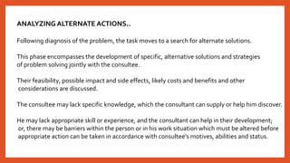 ANALYZING ALTERNATE ACTIONS..
Following diagnosis of the problem, the task moves to a search for alternate solutions.
This phase encompasses the development of specific, alternative solutions and strategies
of problem solving jointly with the consultee.
Their feasibility, possible impact and side effects, likely costs and benefits and other
considerations are discussed.
The consultee may lack specific knowledge, which the consultant can supply or help him discover.
He may lack appropriate skill or experience, and the consultant can help in their development;
or, there may be barriers within the person or in his work situation which must be altered before
appropriate action can be taken in accordance with consultee’s motives, abilities and status.
 