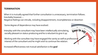 TERMINATION
When it is mutually agreed that further consultation is unnecessary, termination follows.
Inevitably however….
Negative feelings can intrude, including disappointment, incompleteness or desertion
Some degree of dependence may have evolved .
Interplay with the consultant may have been intellectually stimulating,
socially pleasant or status-producing and he is reluctant to give it up.
Working with the consultee may have engaged the vanity as well as professional
interest of the consultant and he might wish to continue the relation.
Increased effectiveness not mutual satisfaction is the goal
 