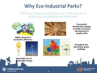 Why Eco-Industrial Parks?
      EIPs are being promoted as one of the means of
            achieving sustainable development:

                                              Community
                                          Partnerships leading
                                          to better economic
                                            development &
                                              quality of life

 Higher resource &
economic efficiency

                                            Ecological site
                                           planning & green
                                               buildings




   Expanded use of
  renewable energy




                         5
 