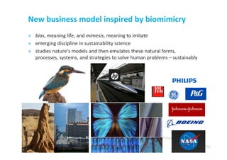 New business model inspired by biomimicry
» bios, meaning life, and mimesis, meaning to imitate
» emerging discipline in sustainability science
» studies nature’s models and then emulates these natural forms,
  processes, systems, and strategies to solve human problems – sustainably




                                 26/11/2012                            16
                                  © 2012, VITO NV
 