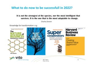 What to do now to be successfull in 2022?

        It is not the strongest of the species, nor the most intelligent that
              survives. It is the one that is the most adaptable to change.
                                     Charles Darwin

Knowledge for transformation: e.g.




                                       26/11/2012                         17
                                       © 2012, VITO NV
 