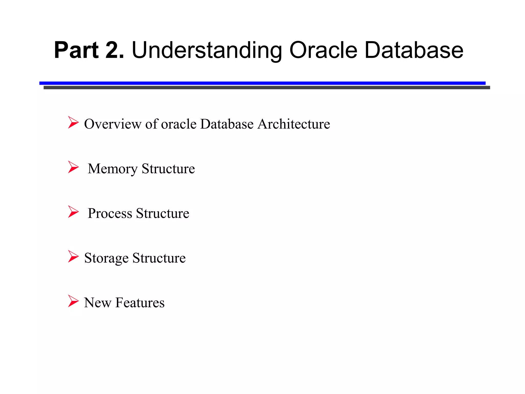 Part 2. Understanding Oracle Database


  Overview of oracle Database Architecture

  Memory Structure

  Process Structure

  Storage Structure

  New Features
 