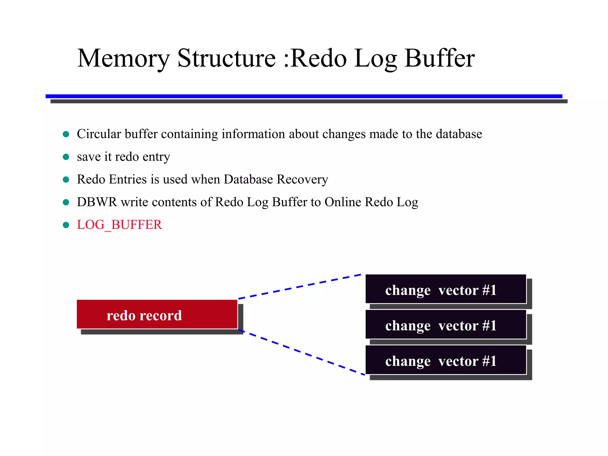 Memory Structure :Redo Log Buffer

   Circular buffer containing information about changes made to the database
   save it redo entry
   Redo Entries is used when Database Recovery
   DBWR write contents of Redo Log Buffer to Online Redo Log
   LOG_BUFFER



                                                           change vector #1
         redo record
                                                           change vector #1

                                                           change vector #1
 