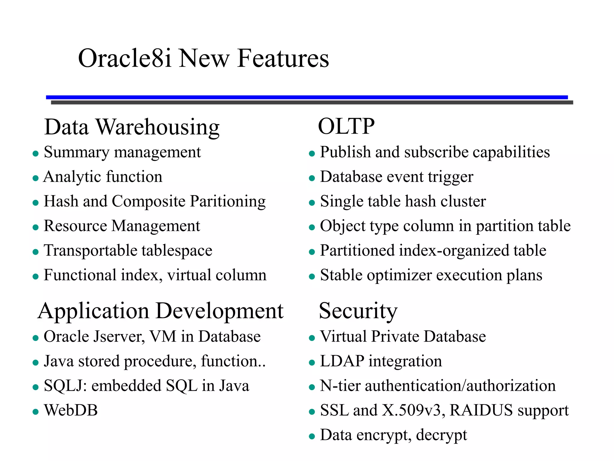 Oracle8i New Features

    Data Warehousing                      OLTP
 Summary management                   Publish and subscribe capabilities
 Analytic function                    Database event trigger

 Hash and Composite Paritioning       Single table hash cluster

 Resource Management                  Object type column in partition table

 Transportable tablespace             Partitioned index-organized table

 Functional index, virtual column     Stable optimizer execution plans


Application Development                   Security
 Oracle Jserver, VM in Database       Virtual Private Database
 Java stored procedure, function..    LDAP integration

 SQLJ: embedded SQL in Java           N-tier authentication/authorization

 WebDB                                SSL and X.509v3, RAIDUS support

                                       Data encrypt, decrypt
 