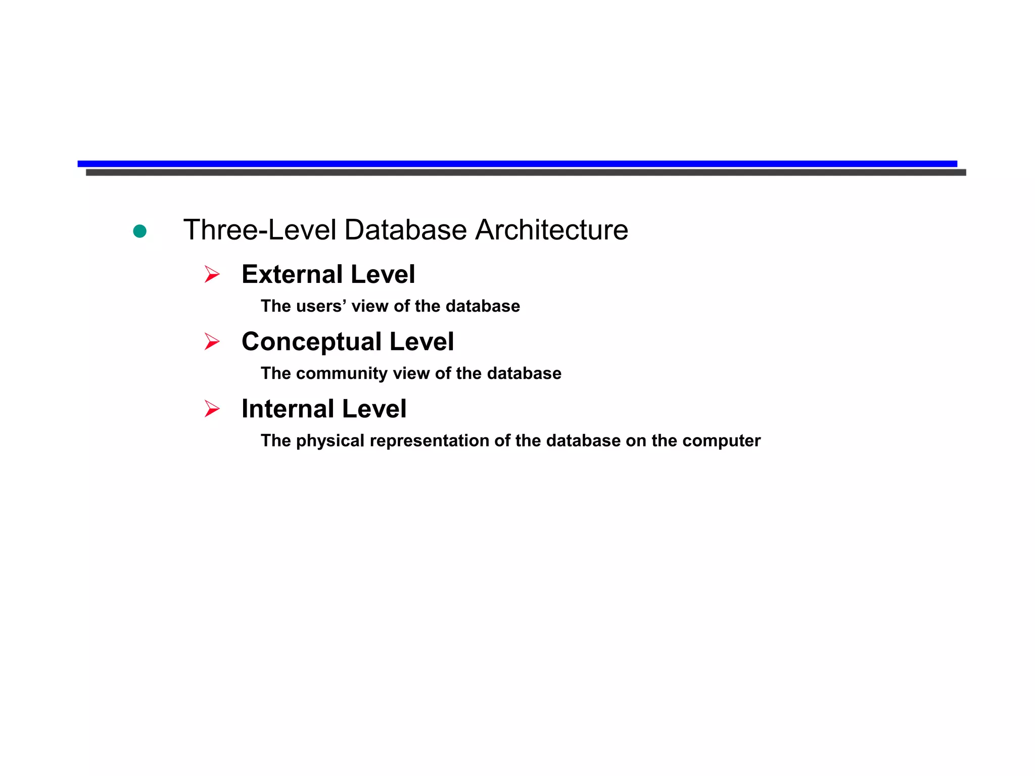   Three-Level Database Architecture
      External Level
         The users’ view of the database

      Conceptual Level
         The community view of the database

      Internal Level
         The physical representation of the database on the computer
 