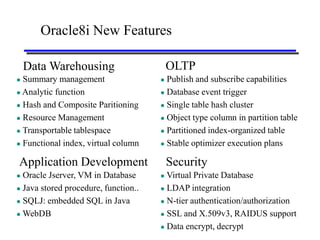Oracle8i New Features

    Data Warehousing                      OLTP
 Summary management                   Publish and subscribe capabilities
 Analytic function                    Database event trigger

 Hash and Composite Paritioning       Single table hash cluster

 Resource Management                  Object type column in partition table

 Transportable tablespace             Partitioned index-organized table

 Functional index, virtual column     Stable optimizer execution plans


Application Development                   Security
 Oracle Jserver, VM in Database       Virtual Private Database
 Java stored procedure, function..    LDAP integration

 SQLJ: embedded SQL in Java           N-tier authentication/authorization

 WebDB                                SSL and X.509v3, RAIDUS support

                                       Data encrypt, decrypt
 