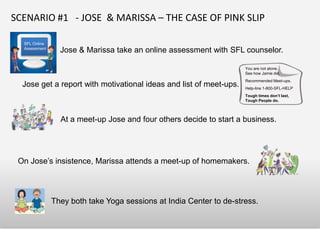 SCENARIO #1 - JOSE & MARISSA – THE CASE OF PINK SLIP

  SFL Online
  Assessment
                 Jose & Marissa take an online assessment with SFL counselor.

                                                                     You are not alone.
                                                                     See how Jamie did.
                                                                     Recommended Meet-ups.
 Jose gets a report with motivational ideas and list of meet-ups.    Help-line 1-800-SFL-HELP
                                                                     Tough times don’t
                                                                     last, Tough People do.



                 At a meet-up Jose and four others decide to start a business.




 On Jose’s insistence, Marissa attends a meet-up of homemakers.



               They both take Yoga sessions at India Center to de-stress.
 