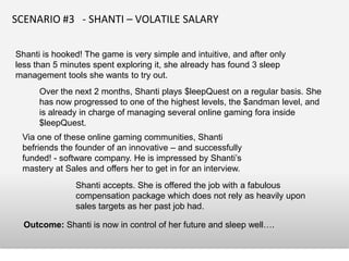SCENARIO #3 - SHANTI – THE CASE SOLVED BY $LEEP FLIX LABS
Similar to others, Shanti picks the relevant category of tips to solve her specific problems:




                                   $LEEP-FLIX LABS APP




        Growth                                                               New Beginning




     Opportunities                                                               Simplicity




                                                                                              21
 