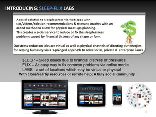 INTRODUCING: $LEEP-FLIX LABS

    A social solution to sleeplessness via web apps with
    tips/videos/solution-recommendations & relevant coaches with an
    added method to allow for physical meet-ups planning.
    This creates a social service to reduce or fix the sleeplessness
    problems caused by financial distress of any shape or form.


   VALUE PROPOSITION: Our stress-reduction labs are virtual as well as physical channels of directing our energies
   for helping humanity via a 3-pronged approach to solve social, private & enterprise issues


                   $LEEP – Sleep issues due to financial distress or pressures
                   FLIX – An easy way to fix common problems via online media
                   LABS - a set of locations which may be virtual or physical
                 With close/nearby resources or remote help; A truly social community !




                                                                                                                     3
 