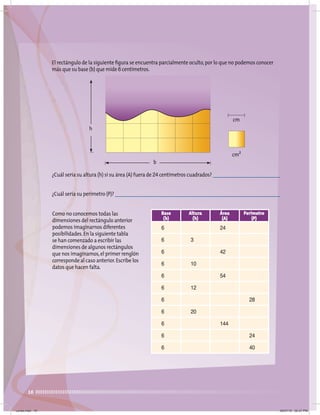16
El rectángulo de la siguiente ﬁgura se encuentra parcialmente oculto,por lo que no podemos conocer
más que su base (b) que mide 6 centímetros.
¿Cuál sería su altura (h) si su área (A) fuera de 24 centímetros cuadrados?
¿Cuál sería su perímetro (P)?
Base
(b)
Altura
(h)
Área
(A)
Perímetro
(P)
6 24
6 3
6 42
6 10
6 54
6 12
6 28
6 20
6 144
6 24
6 40
Como no conocemos todas las
dimensiones del rectángulo anterior
podemos imaginarnos diferentes
posibilidades.En la siguiente tabla
se han comenzado a escribir las
dimensiones de algunos rectángulos
que nos imaginamos,el primer renglón
corresponde al caso anterior.Escribe los
datos que hacen falta.
h
b
cm2
cm
Lunes.indd 16 20/07/10 02:57 PM
 