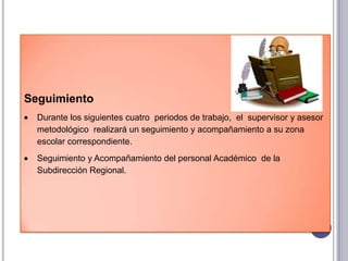 Seguimiento
  Durante los siguientes cuatro periodos de trabajo, el supervisor y asesor
  metodológico realizará un seguimiento y acompañamiento a su zona
  escolar correspondiente.
  Seguimiento y Acompañamiento del personal Académico de la
  Subdirección Regional.
 