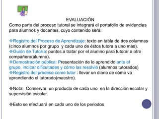 EVALUACIÓN
Como parte del proceso tutoral se integrará el portafolio de evidencias
para alumnos y docentes, cuyo contenido será:

Registro del Proceso de Aprendizaje: texto en tabla de dos columnas
(cinco alumnos por grupo y cada uno de éstos tutora a uno más).
Guión de Tutoría: puntos a tratar por el alumno para tutorar a otro
compañero(alumno).
Demostración pública: Presentación de lo aprendido ante el
grupo, indicar dificultades y cómo las resolvió (alumnos tutorados)
Registro del proceso como tutor : llevar un diario de cómo va
aprendiendo el tutorado(maestro).

Nota: Conservar un producto de cada uno en la dirección escolar y
supervisión escolar.

Esto se efectuará en cada uno de los periodos
 