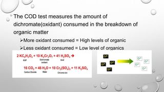 The COD test measures the amount of
dichromate(oxidant) consumed in the breakdown of
organic matter
More oxidant consumed = High levels of organic
Less oxidant consumed = Low level of organics
 