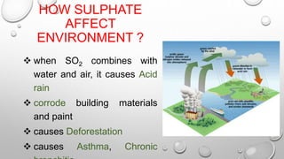 HOW SULPHATE
AFFECT
ENVIRONMENT ?
 when SO2 combines with
water and air, it causes Acid
rain
 corrode building materials
and paint
 causes Deforestation
 causes Asthma, Chronic
 