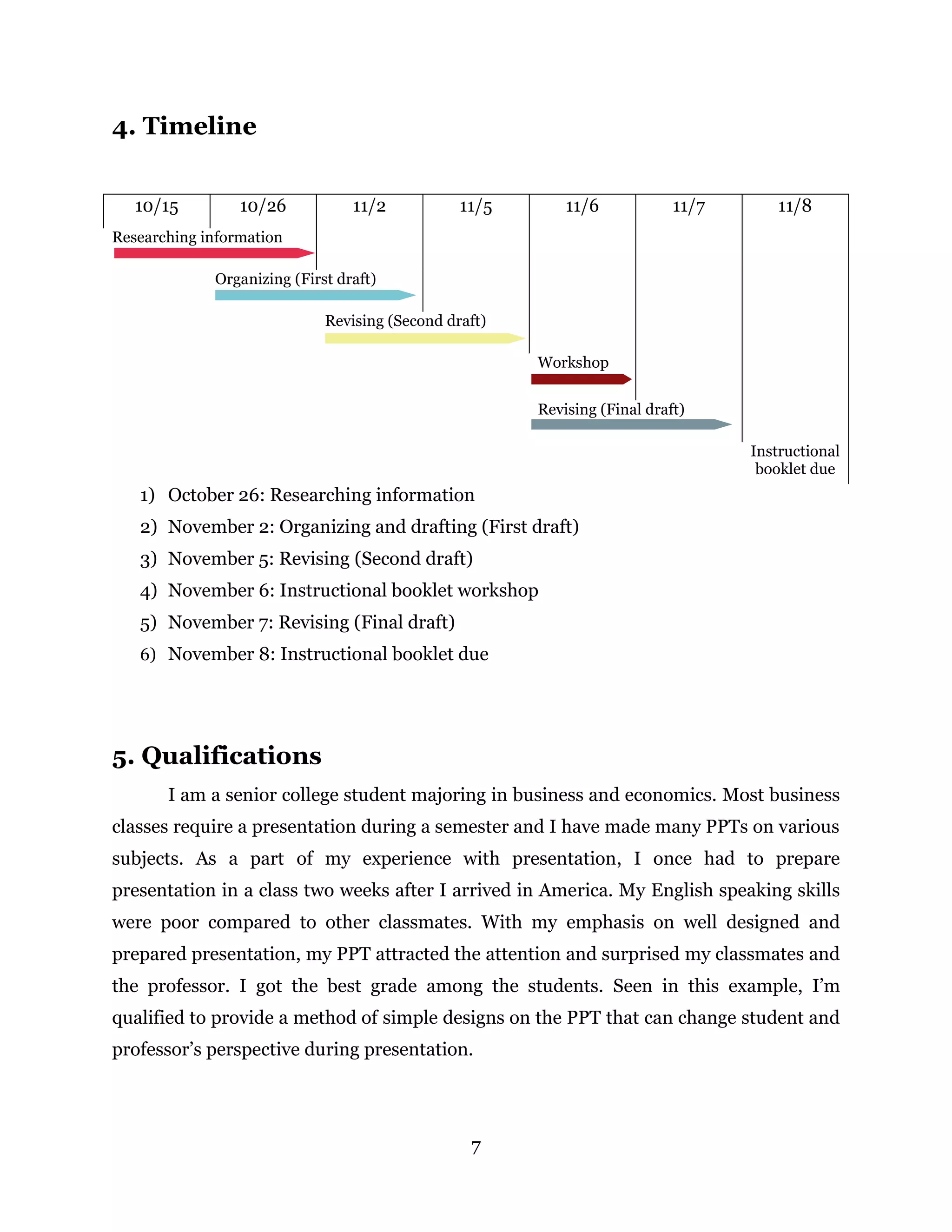 7
4. Timeline
10/15 10/26 11/2 11/5 11/6 11/7 11/8
Researching information
Organizing (First draft)
Revising (Second draft)
Workshop
Revising (Final draft)
Instructional
booklet due
1) October 26: Researching information
2) November 2: Organizing and drafting (First draft)
3) November 5: Revising (Second draft)
4) November 6: Instructional booklet workshop
5) November 7: Revising (Final draft)
6) November 8: Instructional booklet due
5. Qualifications
I am a senior college student majoring in business and economics. Most business
classes require a presentation during a semester and I have made many PPTs on various
subjects. As a part of my experience with presentation, I once had to prepare
presentation in a class two weeks after I arrived in America. My English speaking skills
were poor compared to other classmates. With my emphasis on well designed and
prepared presentation, my PPT attracted the attention and surprised my classmates and
the professor. I got the best grade among the students. Seen in this example, I’m
qualified to provide a method of simple designs on the PPT that can change student and
professor’s perspective during presentation.
 