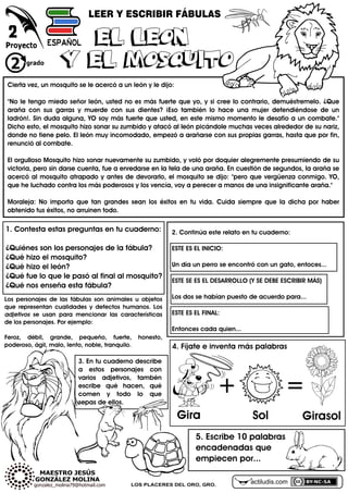 actiludis.comLOS PLACERES DEL ORO, GRO.
LEER Y ESCRIBIR FÁBULAS
2
2. Continúa este relato en tu cuaderno:
ESTE ES EL INICIO:
Un día un perro se encontró con un gato, entoces...
ESTE SE ES EL DESARROLLO (Y SE DEBE ESCRIBIR MÁS)
Los dos se habían puesto de acuerdo para...
ESTE ES EL FINAL:
Entonces cada quien...
5. Escribe 10 palabras
encadenadas que
empiecen por...
1. Contesta estas preguntas en tu cuaderno:
¿Quiénes son los personajes de la fábula?
¿Qué hizo el mosquito?
¿Qué hizo el león?
¿Qué fue lo que le pasó al final al mosquito?
¿Qué nos enseña esta fábula?
Cierta vez, un mosquito se le acercó a un león y le dijo:
"No le tengo miedo señor león, usted no es más fuerte que yo, y si cree lo contrario, demuéstremelo. ¿Que
araña con sus garras y muerde con sus dientes? ¡Eso también lo hace una mujer defendiéndose de un
ladrón!. Sin duda alguna, YO soy más fuerte que usted, en este mismo momento le desafío a un combate."
Dicho esto, el mosquito hizo sonar su zumbido y atacó al león picándole muchas veces alrededor de su nariz,
donde no tiene pelo. El león muy incomodado, empezó a arañarse con sus propias garras, hasta que por fin,
renunció al combate.
El orgulloso Mosquito hizo sonar nuevamente su zumbido, y voló por doquier alegremente presumiendo de su
victoria, pero sin darse cuenta, fue a enredarse en la tela de una araña. En cuestión de segundos, la araña se
acercó al mosquito atrapado y antes de devorarlo, el mosquito se dijo: "pero que vergüenza conmigo. YO,
que he luchado contra los más poderosos y los vencía, voy a perecer a manos de una insignificante araña."
Moraleja: No importa que tan grandes sean los éxitos en tu vida. Cuida siempre que la dicha por haber
obtenido tus éxitos, no arruinen todo.
EL LEON
Y EL MOSQUITO
EL LEON
Y EL MOSQUITO
Los personajes de las fábulas son animales u objetos
que representan cualidades y defectos humanos. Los
adjetivos se usan para mencionar las características
de los personajes. Por ejemplo:
Feroz, débil, grande, pequeño, fuerte, honesto,
poderoso, ágil, malo, lento, noble, tranquilo.
3. En tu cuaderno describe
a estos personajes con
varios adjetivos, tambén
escribe qué hacen, qué
comen y todo lo que
sepas de ellos.
4. Fíjate e inventa más palabras
+ =
Gira Sol Girasol
 