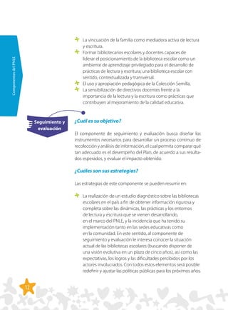 12
ComponentesdelPNLE
Seguimiento y
evaluación
	 La vincuación de la familia como mediadora activa de lectura
y escritura.
	 Formar bibliotecarios escolares y docentes capaces de
liderar el posicionamiento de la biblioteca escolar como un
ambiente de aprendizaje privilegiado para el desarrollo de
prácticas de lectura y escritura; una biblioteca escolar con
sentido, contextualizada y transversal.
	 El uso y apropiación pedagógica de la Colección Semilla.
	 La sensibilización de directivos docentes frente a la
importancia de la lectura y la escritura como prácticas que
contribuyen al mejoramiento de la calidad educativa.
¿Cuál es su objetivo?
El componente de seguimiento y evaluación busca diseñar los
instrumentos necesarios para desarrollar un proceso continuo de
recolección y análisis de información, el cual permita comparar qué
tan adecuado es el desempeño del Plan, de acuerdo a sus resulta-
dos esperados, y evaluar el impacto obtenido.
¿Cuáles son sus estrategias?
Las estrategias de este componente se pueden resumir en:
	 La realización de un estudio diagnóstico sobre las bibliotecas
escolares en el país a fin de obtener información rigurosa y
completa sobre las dinámicas, las prácticas y los entornos
de lectura y escritura que se vienen desarrollando,
en el marco del PNLE, y la incidencia que ha tenido su
implementación tanto en las sedes educativas como
en la comunidad. En este sentido, al componente de
seguimiento y evaluación le interesa conocer la situación
actual de las bibliotecas escolares (buscando disponer de
una visión evolutiva en un plazo de cinco años), así como las
expectativas, los logros y las dificultades percibidos por los
actores involucrados. Con todos estos elementos será posible
redefinir y ajustar las políticas públicas para los próximos años.
 