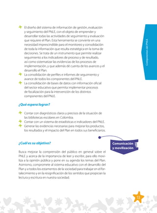 13
ComponentesdelPNLE
Comunicación
y movilización
	 El diseño del sistema de información de gestión, evaluación
y seguimiento del PNLE, con el objeto de emprender y
desarrollar todas las actividades de seguimiento y evaluación
que requiere el Plan. Esta herramienta se convierte en una
necesidad imprescindible para el monitoreo y consolidación
de toda la información que resulta estratégica en la toma de
decisiones. Se trata de un instrumento que permite realizar
seguimiento a los indicadores de proceso y de resultado,
así como sistematizar las evidencias de los procesos de
implementación, y que además dé cuenta de los avances y el
desarrollo el Plan.
	 La consolidación de perfiles e informes de seguimiento y
avance de todos los componentes del PNLE.
	 La consolidación de bases de datos con información oficial
del sector educativo que permita implementar procesos
de focalización para la intervención de los distintos
componentes del PNLE.
¿Qué espera lograr?
	 Contar con diagnósticos claros y precisos de la situación de
las bibliotecas escolares en Colombia.
	 Contar con un sistema de estadísticas e indicadores del PNLE.
	 Generar las evidencias necesarias para mejorar los productos,
los resultados y el impacto del Plan en todos sus beneficiarios.
¿Cuál es su objetivo?
Busca mejorar la comprensión del público en general sobre el
PNLE y acerca de la importancia de leer y escribir, para ello movi-
liza a la opinión pública y pone en su agenda los temas del Plan.
Asimismo, compromete al sistema educativo con el desarrollo del
Plan y a todos los estamentos de la sociedad para trabajar en el for-
talecimiento y en la resignificación de los sentidos que propician la
lectura y escritura en nuestra sociedad.
 