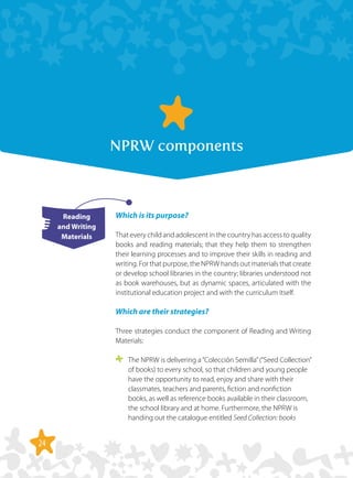 24
NPRW components
Which is its purpose?
That every child and adolescent in the country has access to quality
books and reading materials; that they help them to strengthen
their learning processes and to improve their skills in reading and
writing. For that purpose, the NPRW hands out materials that create
or develop school libraries in the country; libraries understood not
as book warehouses, but as dynamic spaces, articulated with the
institutional education project and with the curriculum itself.
Which are their strategies?
Three strategies conduct the component of Reading and Writing
Materials:
	 The NPRW is delivering a“Colección Semilla”(“Seed Collection”
of books) to every school, so that children and young people
have the opportunity to read, enjoy and share with their
classmates, teachers and parents, fiction and nonfiction
books, as well as reference books available in their classroom,
the school library and at home. Furthermore, the NPRW is
handing out the catalogue entitled Seed Collection: books
Reading
and Writing
Materials
 