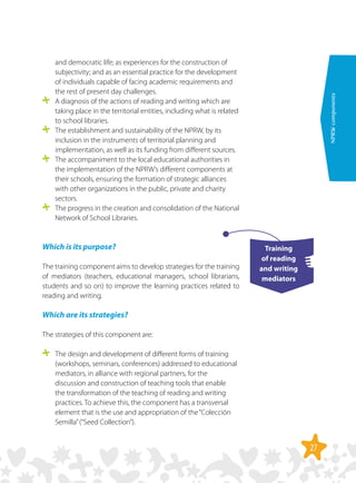27
NPRWcomponents
and democratic life; as experiences for the construction of
subjectivity; and as an essential practice for the development
of individuals capable of facing academic requirements and
the rest of present day challenges.
	 A diagnosis of the actions of reading and writing which are
taking place in the territorial entities, including what is related
to school libraries.
	 The establishment and sustainability of the NPRW, by its
inclusion in the instruments of territorial planning and
implementation, as well as its funding from different sources.
	 The accompaniment to the local educational authorities in
the implementation of the NPRW’s different components at
their schools, ensuring the formation of strategic alliances
with other organizations in the public, private and charity
sectors.
	 The progress in the creation and consolidation of the National
Network of School Libraries.
Which is its purpose?
The training component aims to develop strategies for the training
of mediators (teachers, educational managers, school librarians,
students and so on) to improve the learning practices related to
reading and writing.
Which are its strategies?
The strategies of this component are:
	 The design and development of different forms of training
(workshops, seminars, conferences) addressed to educational
mediators, in alliance with regional partners, for the
discussion and construction of teaching tools that enable
the transformation of the teaching of reading and writing
practices. To achieve this, the component has a transversal
element that is the use and appropriation of the“Colección
Semilla”(“Seed Collection”).
Training
of reading
and writing
mediators
 