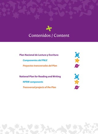 Contenidos / Content
Plan Nacional de Lectura y Escritura 4
Componentes del PNLE 7
Proyectos transversales del Plan 16
National Plan for Reading and Writing 21
NPRW components 24
Transversal projects of the Plan 33
 