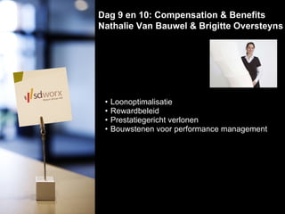 Loonoptimalisatie Rewardbeleid  Prestatiegericht verlonen Bouwstenen voor performance management Dag 9 en 10: Compensation & Benefits Nathalie Van Bauwel & Brigitte Oversteyns  