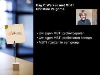 Uw eigen MBTI profiel bepalen    Uw eigen MBTI profiel leren kennen MBTI inzetten in een groep  Dag 2: Werken met MBTI Christine Pelgrims  