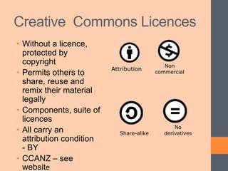 Creative Commons Licences
• Without a licence,
protected by
copyright
• Permits others to
share, reuse and
remix their material
legally
• Components, suite of
licences
• All carry an
attribution condition
- BY
• CCANZ – see
website
Attribution
Non
commercial
Share-alike
No
derivatives
 
