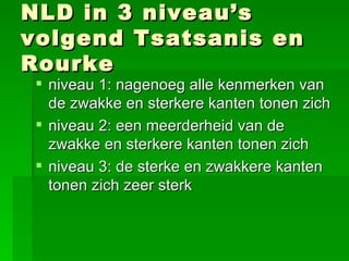 NLD in 3 niveau’s volgend Tsatsanis en Rourke niveau 1: nagenoeg alle kenmerken van de zwakke en sterkere kanten tonen zich niveau 2: een meerderheid van de zwakke en sterkere kanten tonen zich niveau 3: de sterke en zwakkere kanten tonen zich zeer sterk 