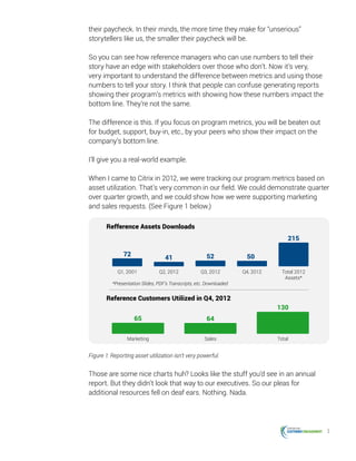 3
their paycheck. In their minds, the more time they make for “unserious”
storytellers like us, the smaller their paycheck will be.
So you can see how reference managers who can use numbers to tell their
story have an edge with stakeholders over those who don’t. Now it’s very,
very important to understand the difference between metrics and using those
numbers to tell your story. I think that people can confuse generating reports
showing their program’s metrics with showing how these numbers impact the
bottom line. They’re not the same.
The difference is this. If you focus on program metrics, you will be beaten out
for budget, support, buy-in, etc., by your peers who show their impact on the
company’s bottom line.
I’ll give you a real-world example.
When I came to Citrix in 2012, we were tracking our program metrics based on
asset utilization. That’s very common in our field. We could demonstrate quarter
over quarter growth, and we could show how we were supporting marketing
and sales requests. (See Figure 1 below.)
Total 2012
Assets*
Q4, 2012Q3, 2012Q2, 2012Q1, 2001
72
65 64
130
41 52 50
215
*Presentation Slides, PDF’s Transcripts, etc. Downloaded
Refference Assets Downloads
Reference Customers Utilized in Q4, 2012
TotalSalesMarketing
Figure 1: Reporting asset utilization isn’t very powerful.
Those are some nice charts huh? Looks like the stuff you’d see in an annual
report. But they didn’t look that way to our executives. So our pleas for
additional resources fell on deaf ears. Nothing. Nada.
 