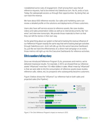 5
I established some rules of engagement. Chief among them was that all
reference requests, had to be entered into Salesforce.com. No ifs, ands or buts.
Today, the salespeople access us through their opportunities. By doing that, we
can track the revenue.
We have about 600 reference records. Our sales and marketing users can
review a detailed profile on the solutions and deployments of these customers.
Users also have self-service access to reference assets, like case studies,
videos and sales presentation slides as well as to internal documents, like “win
wires” and interview transcripts. We provide those materials to them so that
they can tell the stories in their own way.
So the great thing about our system is that we’re tracking the revenue influence of
our Reference Program exactly the same way that we’re tracking lead gen activities
through Salesforce.com. And it all rolls up into the same Executive Dashboard.
So, just like we track the effectiveness of, a direct mail campaign or an event,
those metrics roll right up into the Executive Dashboards for reference activities.
Citrixnumberstellmystory
Since we introduced Reference Program SLAs, processes and metrics, we’ve
delivered impressive results. For example, in 2013, we showed that our reference
assets “influenced” more than 110 million dollars in sales. What I mean by “influenced”
is that we were able to link the consumption of reference assets (case studies,
reference calls, videos, etc.) to prospects who subsequently became customers.
Figure 3 below shows the “influence” our reference had on both sales and
projected sales (the Pipeline.)
Pipeline
Total Closed/
Won revenue
Total for 2013
312 Deal & 648 in Pipeline
Q4 2013
124 Deal & 156 in Pipeline
Q3 2013
111 Deals & 18 in Pipeline
Q2 2013
34 Deals & 446 in Pipeline
Q1 2013
43 Deal & 28 in Pipeline
$112,566,309
$25,067,592
$3,594,996
$78,804,598
$5,099,122
$110,314,085
$30,280,851
$31,543,231
$36,538,508
$11,951,495
Figure 3: The Citrix Reference Program’s impact on revenue in 2013.
 