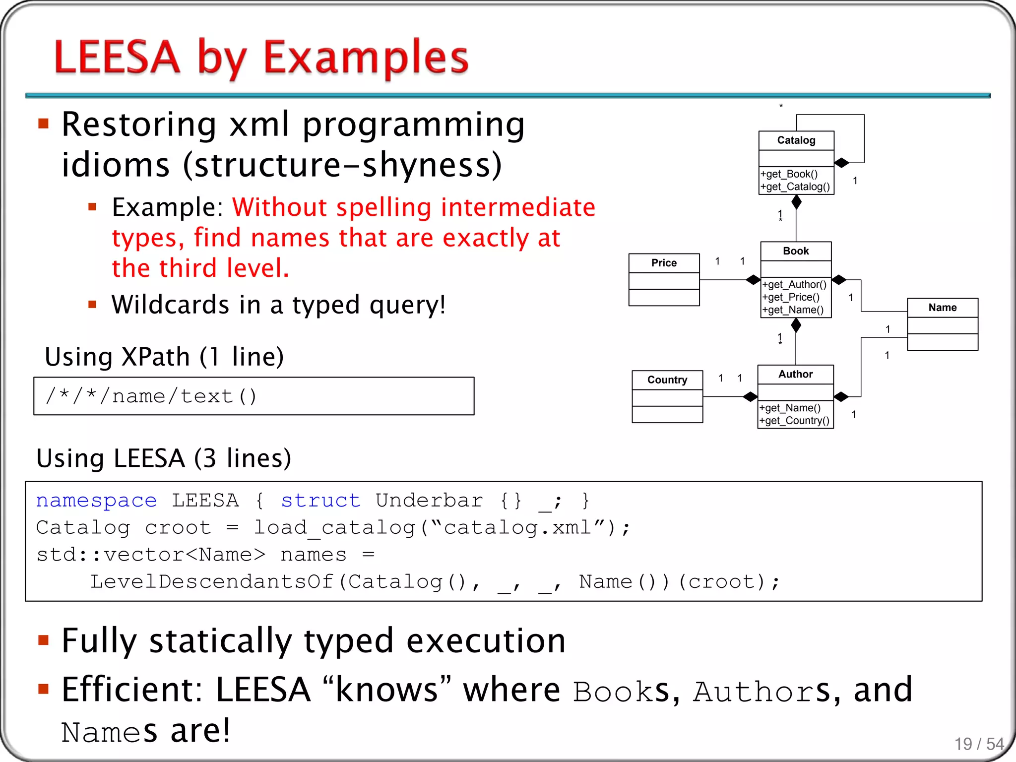  Restoring xml programming
                                                                    *


                                                                    Catalog


  idioms (structure-shyness)                                     +get_Book()
                                                                 +get_Catalog()
                                                                                  1


     Example: Without spelling intermediate                        1

      types, find names that are exactly at
                                                                    *

                                                                        Book

      the third level.                         Price     1   1

                                                                 +get_Author()

     Wildcards in a typed query!
                                                                 +get_Price()     1
                                                                 +get_Name()              Name

                                                                                      1
                                                                    1

Using XPath (1 line)
                                                                    *
                                                                                      1

                                                         1   1      Author
                                               Country
/*/*/name/text()                                                 +get_Name()
                                                                                  1
                                                                 +get_Country()



Using LEESA (3 lines)
namespace LEESA { struct Underbar {} _; }
Catalog croot = load_catalog(“catalog.xml”);
std::vector<Name> names =
    LevelDescendantsOf(Catalog(), _, _, Name())(croot);

 Fully statically typed execution
 Efficient: LEESA “knows” where Books, Authors, and
  Names are!                                                                                 19 / 54
 