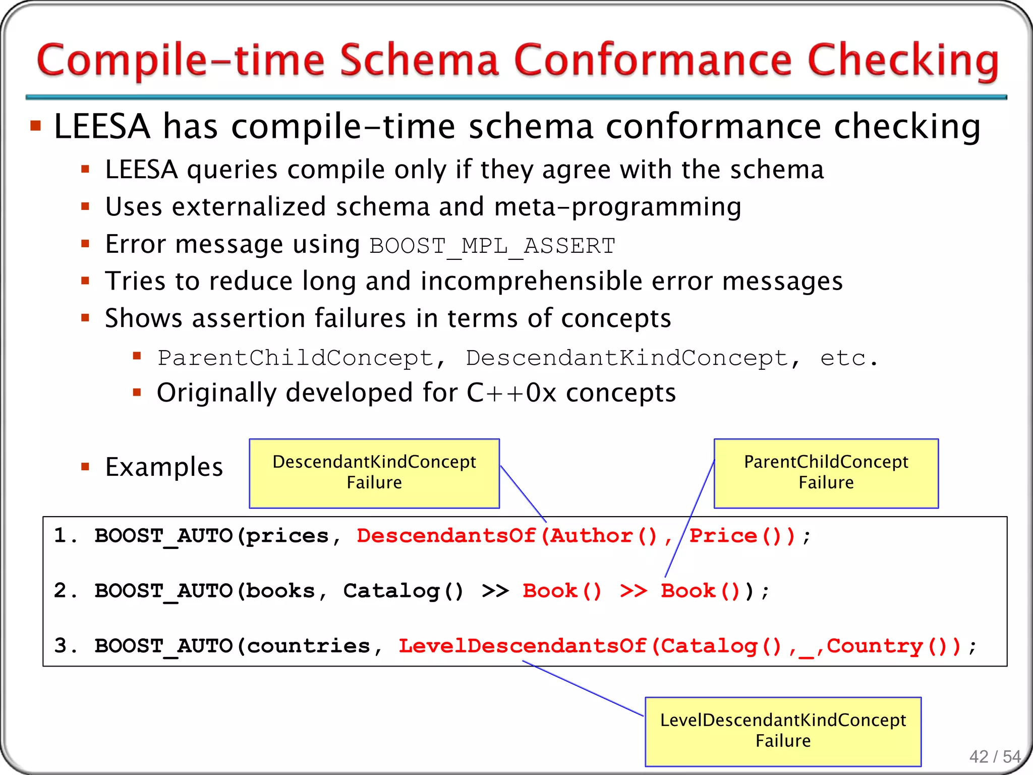  LEESA has compile-time schema conformance checking
     LEESA queries compile only if they agree with the schema
     Uses externalized schema and meta-programming
     Error message using BOOST_MPL_ASSERT
     Tries to reduce long and incomprehensible error messages
     Shows assertion failures in terms of concepts
         ParentChildConcept, DescendantKindConcept, etc.
         Originally developed for C++0x concepts

   Examples      DescendantKindConcept
                         Failure
                                                      ParentChildConcept
                                                            Failure


 1. BOOST_AUTO(prices, DescendantsOf(Author(), Price());

 2. BOOST_AUTO(books, Catalog() >> Book() >> Book());

 3. BOOST_AUTO(countries, LevelDescendantsOf(Catalog(),_,Country());


                                              LevelDescendantKindConcept
                                                        Failure
                                                                           42 / 54
 