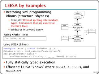  Restoring xml programming
                                                                    *


                                                                    Catalog


  idioms (structure-shyness)                                     +get_Book()
                                                                 +get_Catalog()
                                                                                  1


     Example: Without spelling intermediate                        1

      types, find names that are exactly at
                                                                    *

                                                                        Book

      the third level.                         Price     1   1

                                                                 +get_Author()

     Wildcards in a typed query!
                                                                 +get_Price()     1
                                                                 +get_Name()              Name

                                                                                      1
                                                                    1

Using XPath (1 line)
                                                                    *
                                                                                      1

                                                         1   1      Author
                                               Country
/*/*/name/text()                                                 +get_Name()
                                                                                  1
                                                                 +get_Country()



Using LEESA (3 lines)
namespace LEESA { struct Underbar {} _; }
Catalog croot = load_catalog(“catalog.xml”);
std::vector<Name> names =
    LevelDescendantsOf(Catalog(), _, _, Name())(croot);

 Fully statically typed execution
 Efficient: LEESA “knows” where Books, Authors, and
  Names are!                                                                                 19 / 54
 