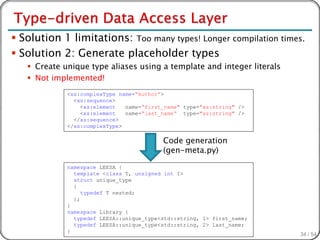  Solution 1 limitations: Too many types! Longer compilation times.
 Solution 2: Generate placeholder types
    Create unique type aliases using a template and integer literals
    Not implemented!
             <xs:complexType name=“Author”>
               <xs:sequence>
                 <xs:element   name=“first_name" type="xs:string" />
                 <xs:element   name=“last_name“ type="xs:string" />
               </xs:sequence>
             </xs:complexType>

                                          Code generation
                                          (gen-meta.py)
             namespace LEESA {
               template <class T, unsigned int I>
               struct unique_type
               {
                  typedef T nested;
               };
             }
             namespace Library {
               typedef LEESA::unique_type<std::string, 1> first_name;
               typedef LEESA::unique_type<std::string, 2> last_name;
             }
                                                                        34 / 54
 