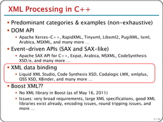  Predominant categories & examples (non-exhaustive)
 DOM API
    Apache Xerces-C++, RapidXML, Tinyxml, Libxml2, PugiXML, lxml,
     Arabica, MSXML, and many more …
 Event-driven APIs (SAX and SAX-like)
    Apache SAX API for C++, Expat, Arabica, MSXML, CodeSynthesis
     XSD/e, and many more …
 XML data binding
    Liquid XML Studio, Code Synthesis XSD, Codalogic LMX, xmlplus,
     OSS XSD, XBinder, and many more …
 Boost XML??
    No XML library in Boost (as of May 16, 2011)
    Issues: very broad requirements, large XML specifications, good XML
     libraries exist already, encoding issues, round tripping issues, and
     more …

                                                                        5 / 54
 