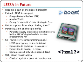  Become a part of the Boost libraries!?
 Extend LEESA to support
      Google Protocol Buffers (GPB)
      Apache Thrift
      Or any “schema-first” data binding in C++
 Better support from data binding tools?
 Parallelization on multiple cores
      Parallelize query execution on multiple cores
       behind LEESA’s high-level declarative
       programming API
 Co-routine style programming model
      LEESA expressions return containers
      Expression to container  expensive!
      Expression to iterator  cheap!
      Compute result only when needed (lazy)
 XML literal construction
      Checked against schema at compile-time
                                                       52 / 54
 