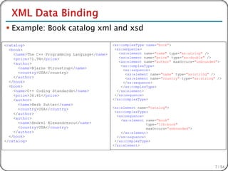  Example: Book catalog xml and xsd

<catalog>                                       <xs:complexType name=“book”>
  <book>                                         <xs:sequence>
    <name>The C++ Programming Language</name>      <xs:element name="name" type="xs:string" />
    <price>71.94</price>                           <xs:element name="price" type="xs:double" />
                                                   <xs:element name="author" maxOccurs="unbounded">
    <author>
                                                    <xs:complexType>
      <name>Bjarne Stroustrup</name>
                                                     <xs:sequence>
      <country>USA</country>                          <xs:element name="name" type="xs:string" />
    </author>                                         <xs:element name="country" type="xs:string" />
  </book>                                            </xs:sequence>
  <book>                                            </xs:complexType>
    <name>C++ Coding Standards</name>             </xs:element>
    <price>36.41</price>                         </xs:sequence>
    <author>                                    </xs:complexType>
      <name>Herb Sutter</name>
      <country>USA</country>                    <xs:element name="catalog">
                                                 <xs:complexType>
    </author>
                                                  <xs:sequence>
    <author>
                                                    <xs:element name=“book”
      <name>Andrei Alexandrescu</name>                           type=“lib:book"
      <country>USA</country>                                     maxOccurs="unbounded">
    </author>                                       </xs:element>
  </book>                                         </xs:sequence>
</catalog>                                       </xs:complexType>
                                                </xs:element>




                                                                                                7 / 54
 