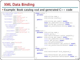  Example: Book catalog xsd and generated C++ code
<xs:complexType name=“book”>              class author {
 <xs:sequence>                               private:
   <xs:element name="name"                            std::string name_;
                type="xs:string" />                   std::string country_;
   <xs:element name="price"
                                             public:
                type="xs:double" />
                                                      std::string get_name() const;
   <xs:element name="author"
                maxOccurs="unbounded">                void set_name(std::string const &);
    <xs:complexType>                                  std::string get_country() const;
     <xs:sequence>                                    void set_country(std::string const &);
      <xs:element name="name"             };
                   type="xs:string" />
      <xs:element name="country"          class book {
                   type="xs:string" />       private: std::string name_;
     </xs:sequence>                                   double price_;
    </xs:complexType>                                 std::vector<author> author_sequence_;
  </xs:element>
                                             public: std::string get_name() const;
 </xs:sequence>
                                                      void set_name(std::string const &);
</xs:complexType>
                                                      double get_price() const;
<xs:element name="catalog">                           void set_price(double);
 <xs:complexType>                                     std::vector<author> get_author() const;
  <xs:sequence>                                       void set_author(vector<author> const &);
    <xs:element name=“book”               };
                 type=“lib:book"          class catalog {
                 maxOccurs="unbounded">      private:
    </xs:element>                                     std::vector<book> book_sequence_;
  </xs:sequence>                             public:
 </xs:complexType>
                                                      std::vector<book> get_book() const;
</xs:element>
                                                      void set_book(std::vector<book> const &);
                                          };
                                                                                             8 / 54
 