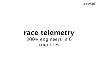 race telemetry
300+ engineers in 6
    countries
 